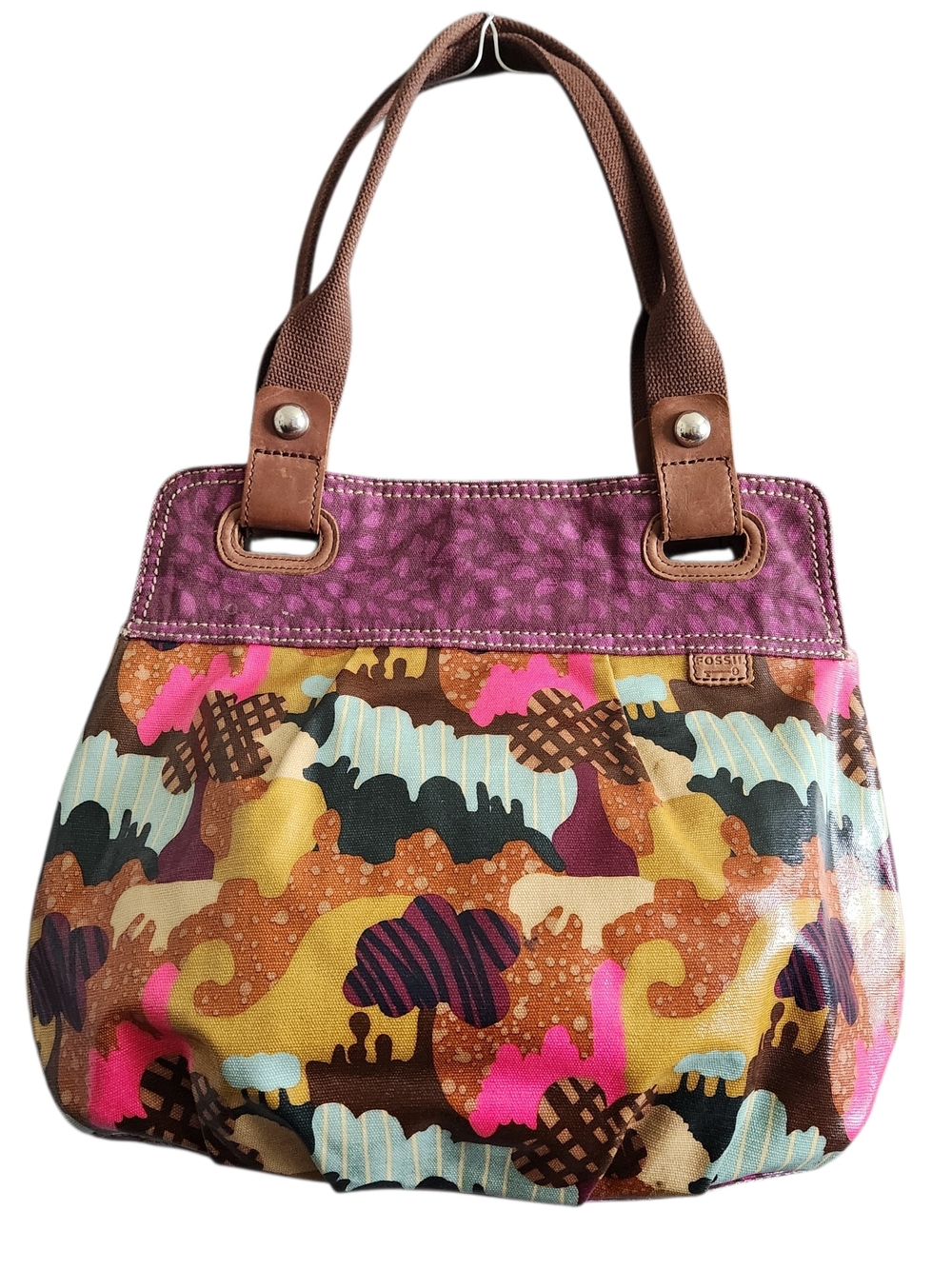 Vintage Fossil Key-Per Floral Tote Bag Canvas & Leather Trim Multicolor Purse